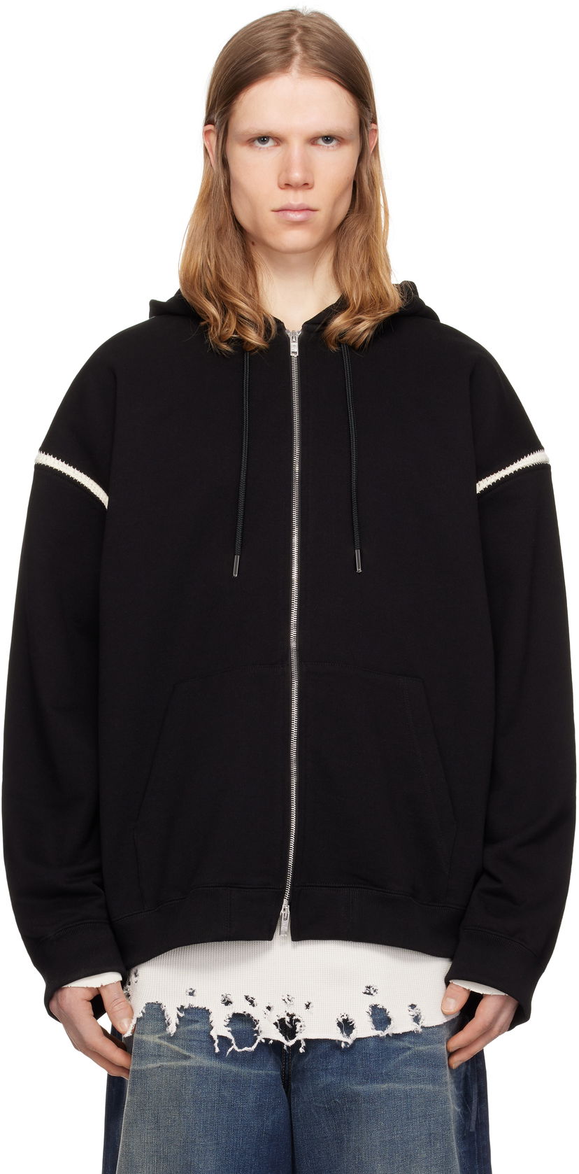 Pulover Mastermind WORLD Mastermind World Boxy Fit Cross Stitch Zip Hoodie Črna | MW25S14-SW006-015