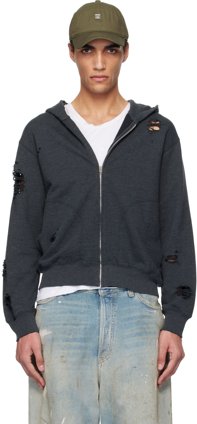 Pulover Acne Studios Acne Studios Distressed Zip-Up Hoodie Siva | CI0183-