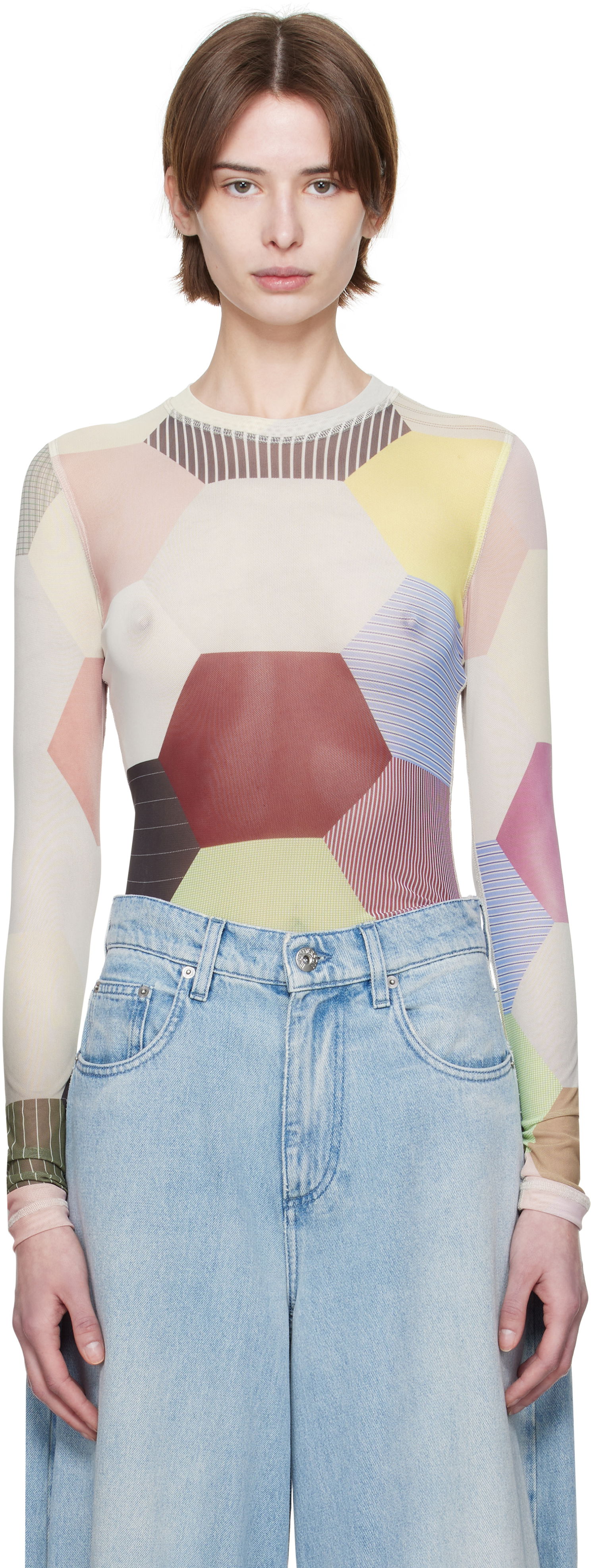 Bodi JW Anderson JW Anderson Patchwork Print Sheer Long Sleeve T-Shirt Večbarvna | JO0138-PG1722, 0