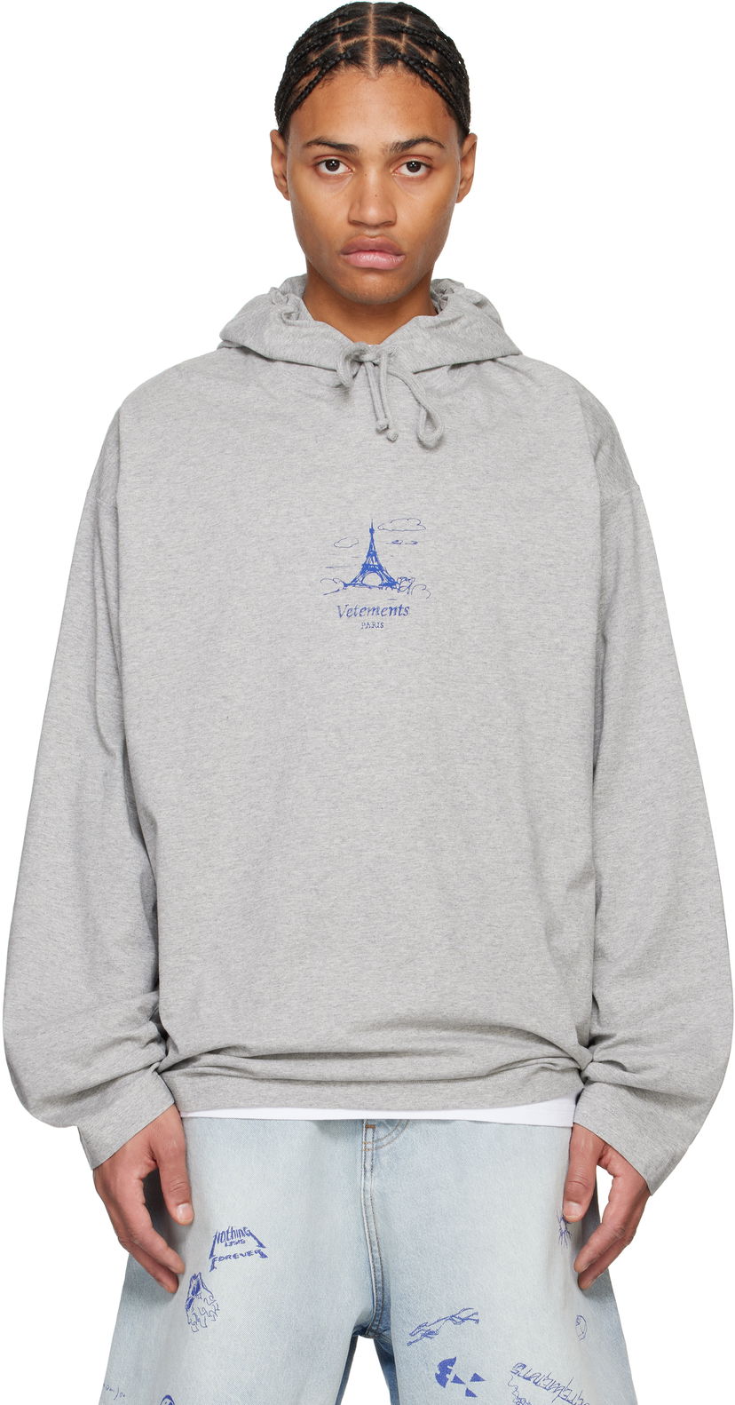 Pulover VETEMENTS Scribbled Paris Print Jersey Hoodie Siva | UA66HD870G