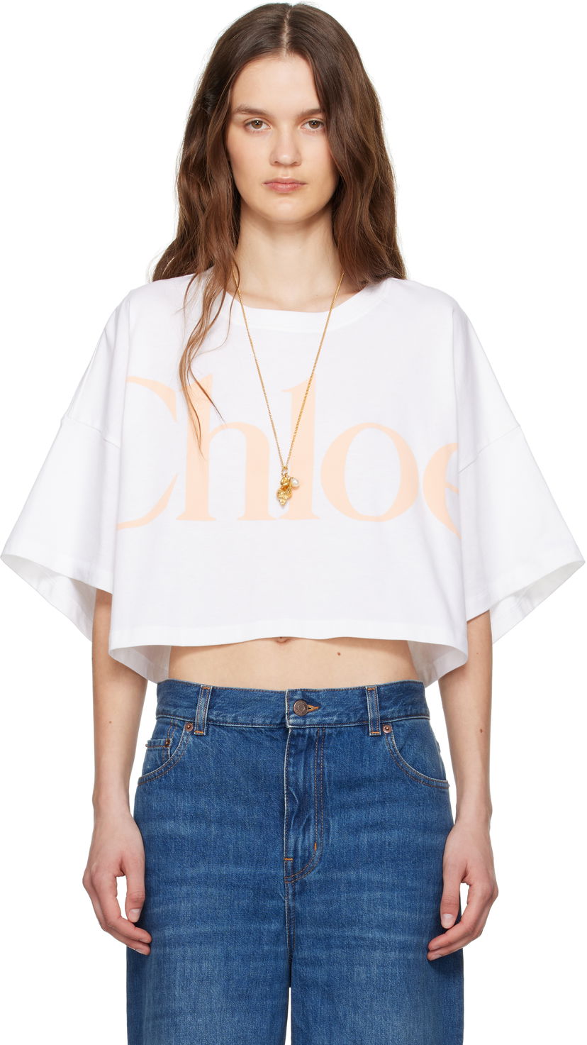 Krop-top CHLOÉ Chloe Oversized Cropped Logo T-Shirt Bela | CH25UJH09183