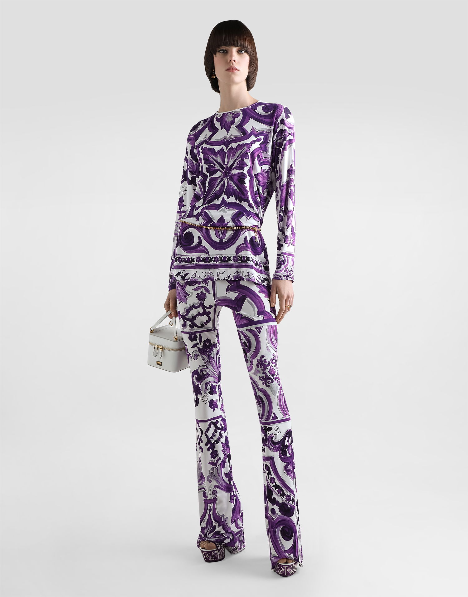 Hlače Dolce & Gabbana Dolce & Gabbana Majolica-Print Flared Viscose Trousers Lila | FTDB6TFS8C0IP3TN, 1