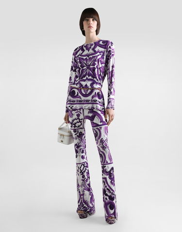 Hlače Dolce & Gabbana Dolce & Gabbana Majolica-Print Flared Viscose Trousers Lila | FTDB6TFS8C0IP3TN, 1