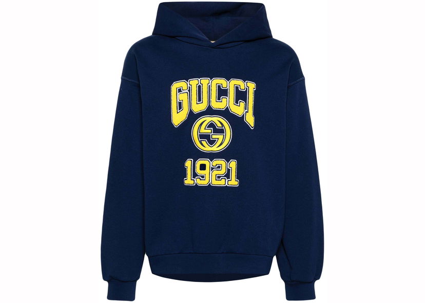 Pulover Gucci Embroidery Logo Hoodie Navy Blue Mornarica | 770842 XJF3O