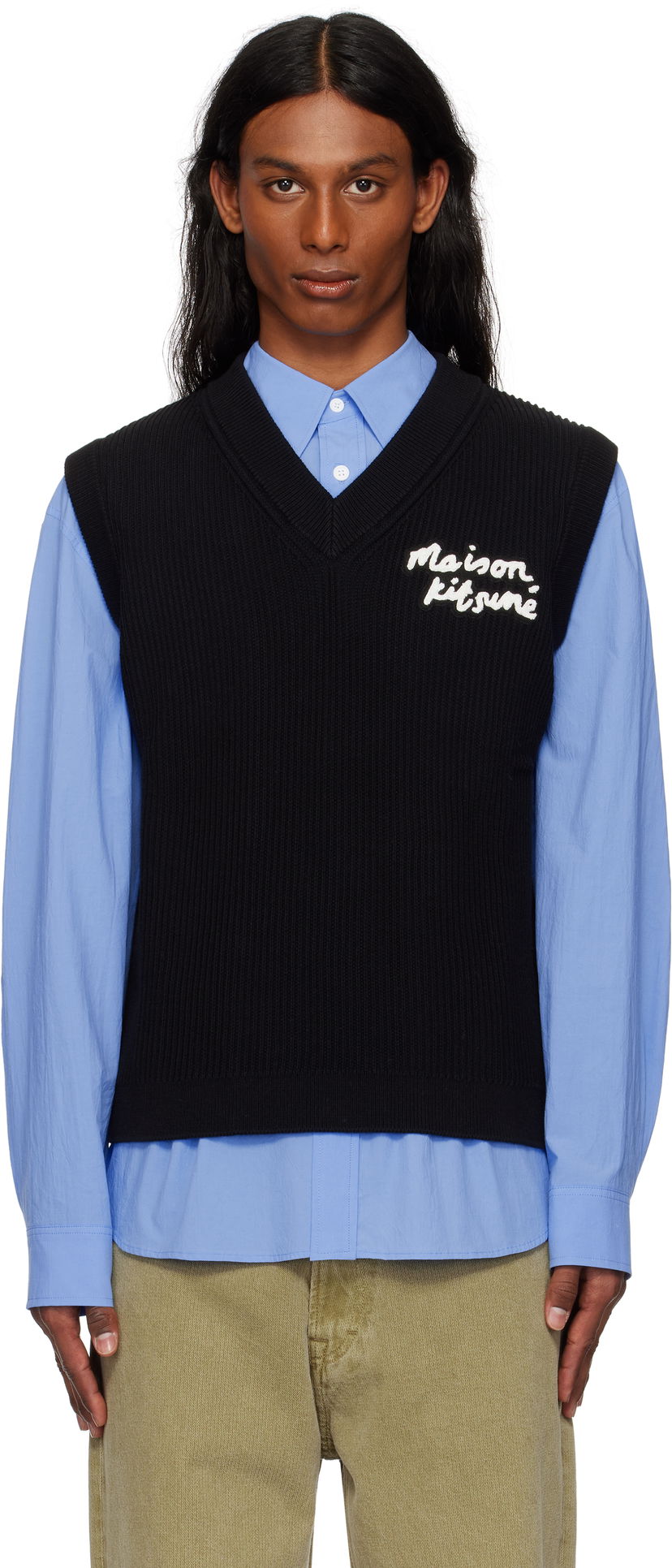 Pleteni pulover MAISON KITSUNÉ Maison Kitsuné Handwriting Ribbed Vest Črna | OM00810KT1126