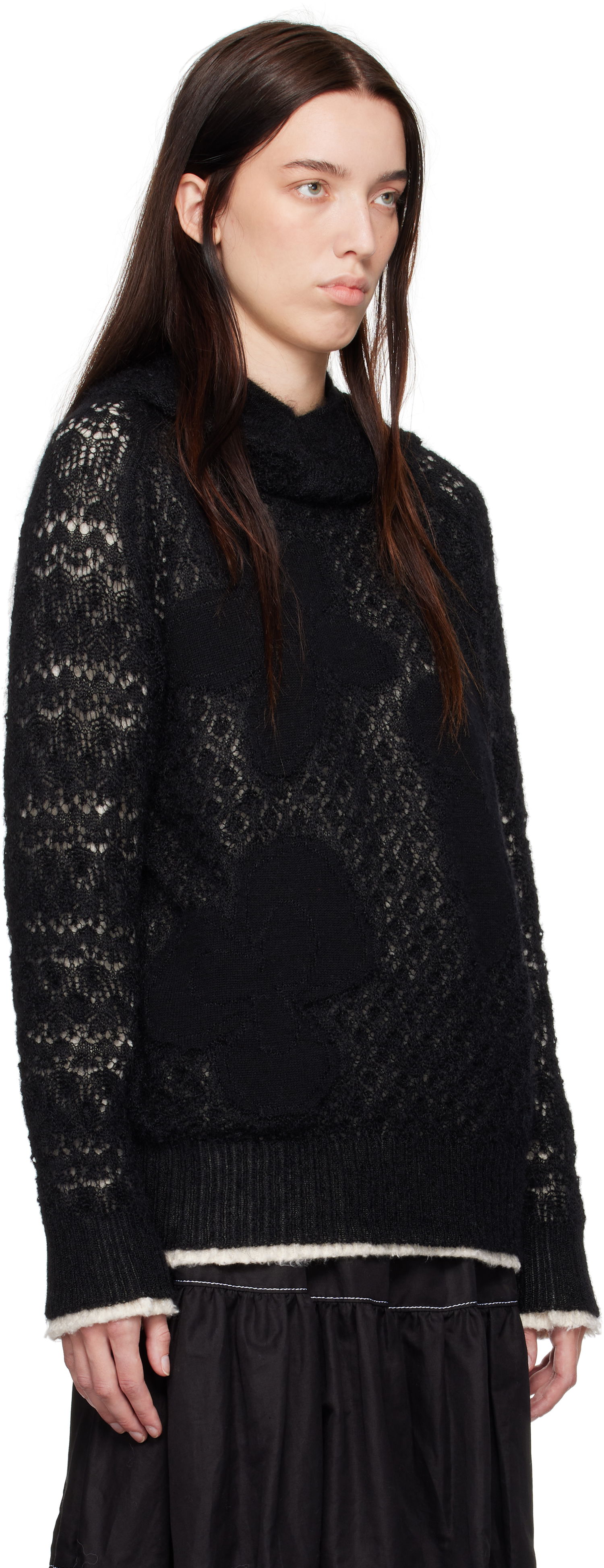 Pleteni pulover Comme des Garçons Comme Des Garçons Wool Lace Pattern Intarsia Hoodie Črna | TN-N024-051, 1