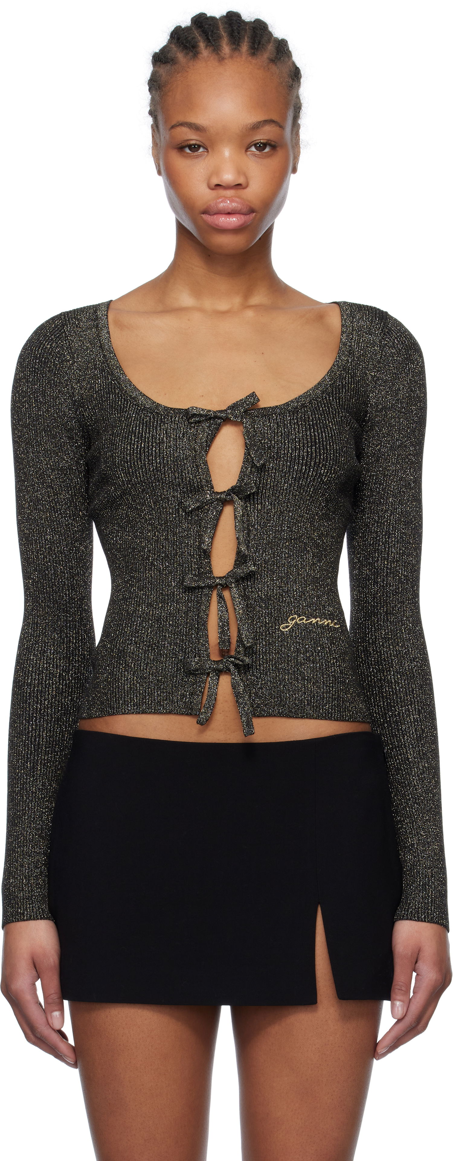 Pleteni pulover GANNI GANNI Sparkle Tie String Cardigan Črna | K2358, 0