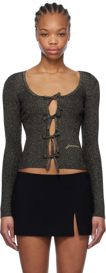 Pleteni pulover GANNI GANNI Sparkle Tie String Cardigan Črna | K2358, 0