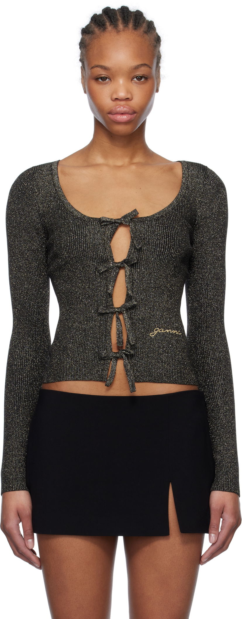 Pleteni pulover GANNI GANNI Sparkle Tie String Cardigan Črna | K2358