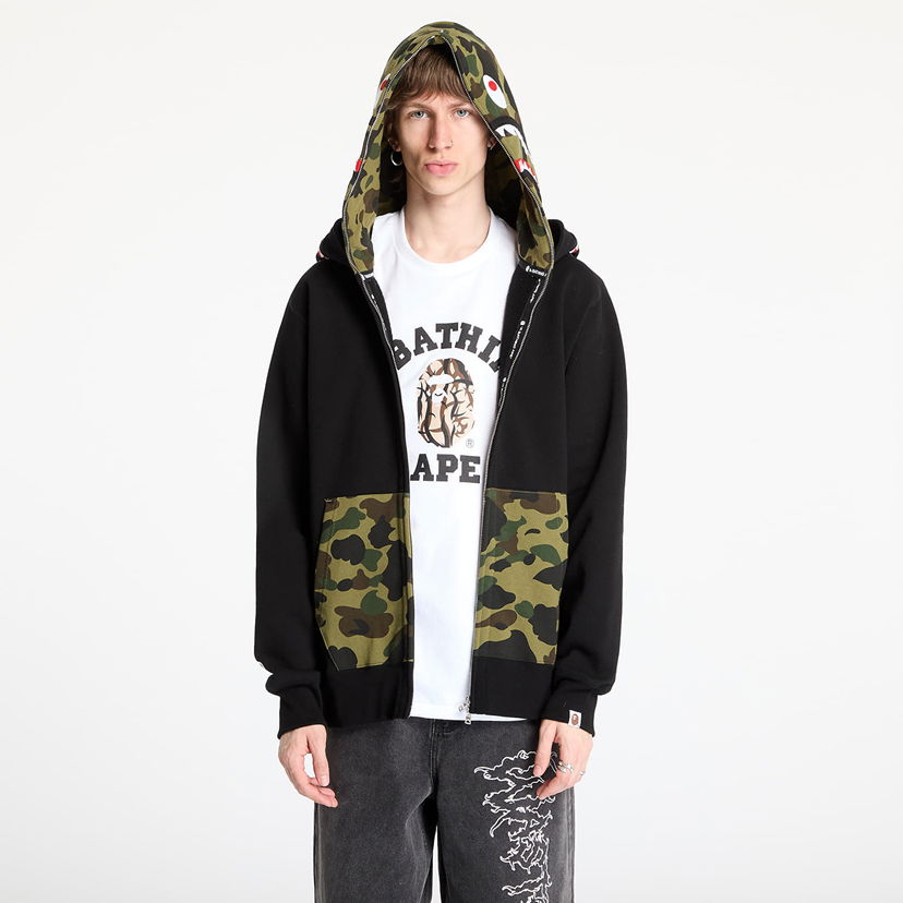 Pulover BAPE A BATHING APE 1st Camo Shark Full Zip Double Hoodie Črna | 001ZPL301007MBLK