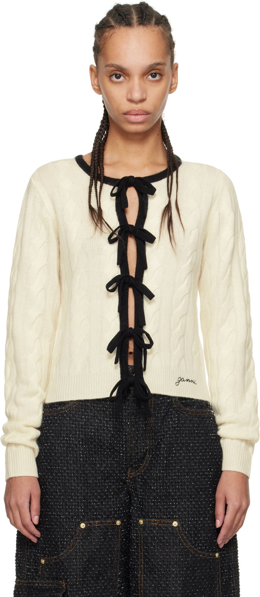 Pleteni pulover GANNI Ganni Cashmere Blend Tie Front Cardigan Bež | K2412