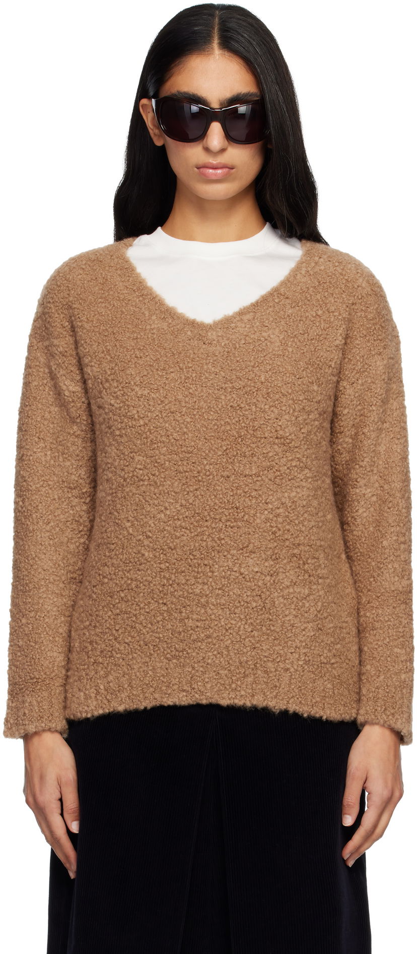 Pleteni pulover Max Mara Pantera Bouclé V-neck Sweater Rjava | 2521366092600