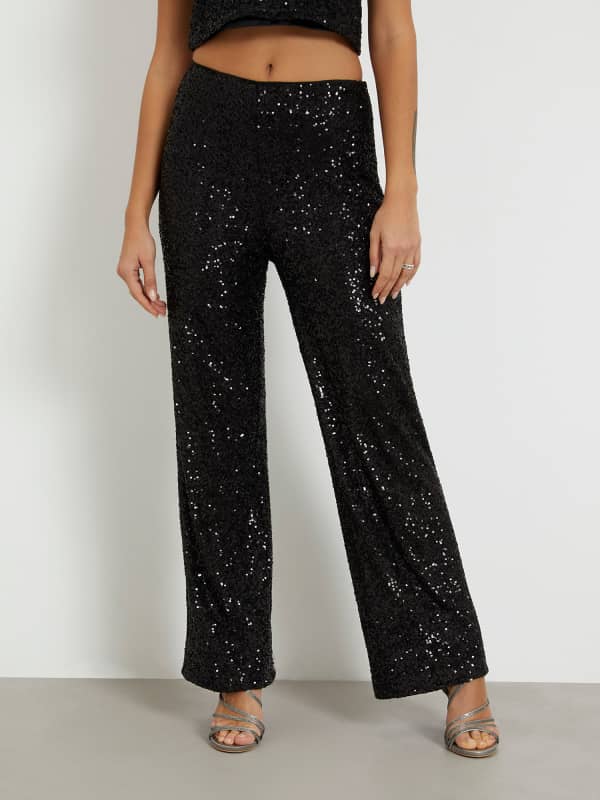 Hlače in kavbojke GUESS Sequins Wide Leg Črna | W4RB02KBX10