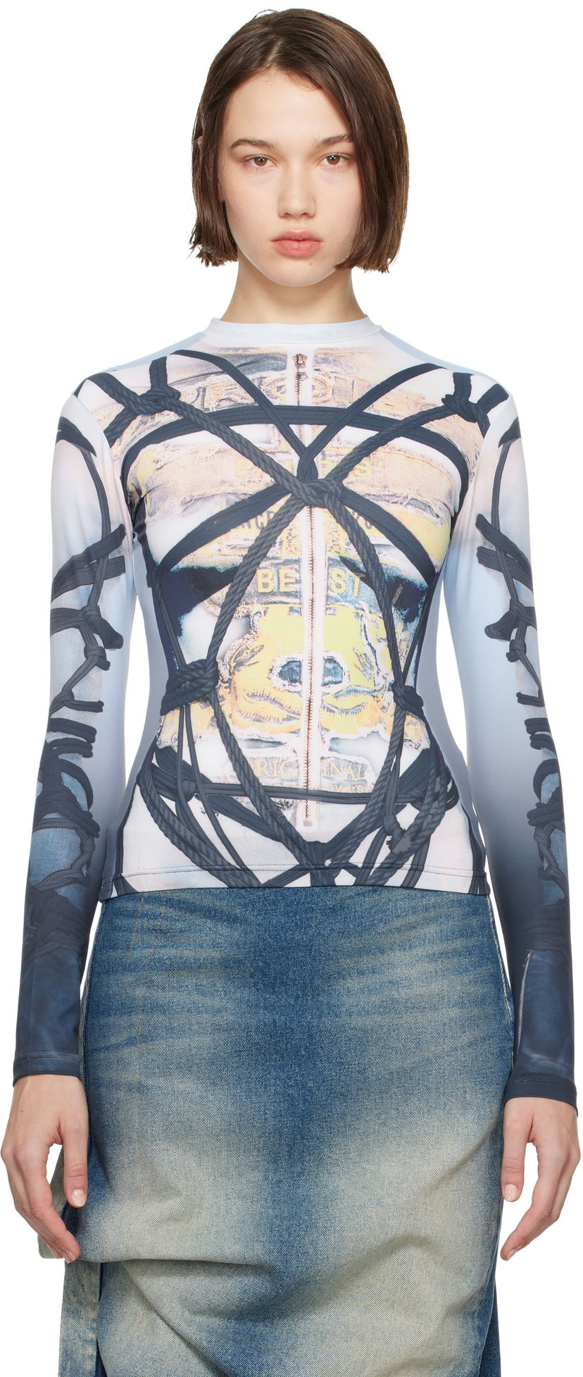 Majica Y/PROJECT Bondage Print Long Sleeve Fitted T-shirt Modra | 104TO012