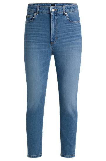 Kavbojke BOSS High-Waisted Cropped Comfort-Stretch Jeans Modra | 50492789