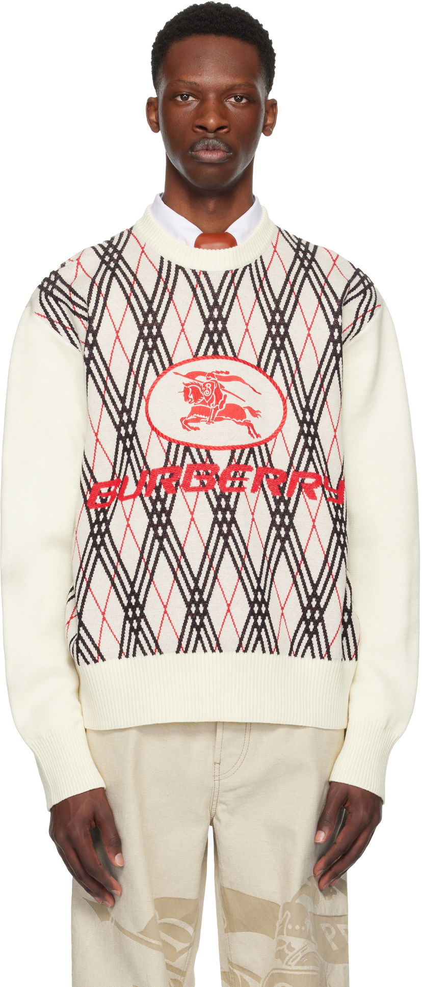 Pleteni pulover Burberry Burberry Argyle Check Wool Blend Sweater Bela | 8110554