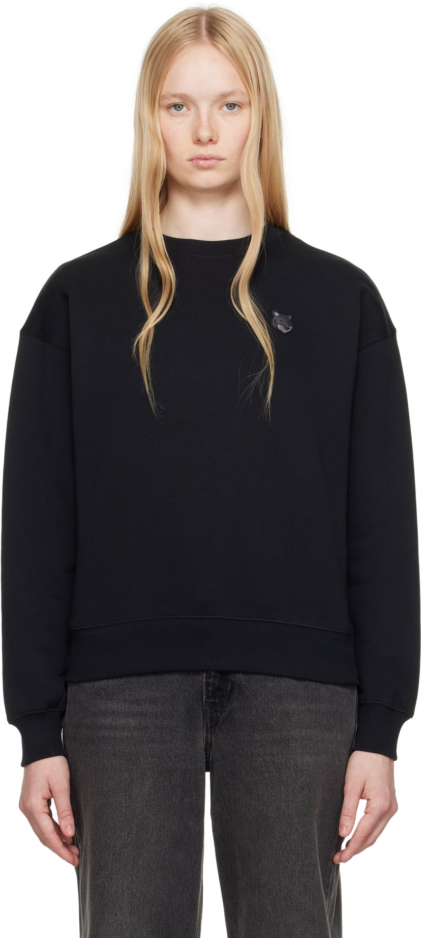 Pleteni pulover MAISON KITSUNÉ Maison Kitsuné Comfort Sweatshirt with Fox Head Patch Črna | MW00315KM0321