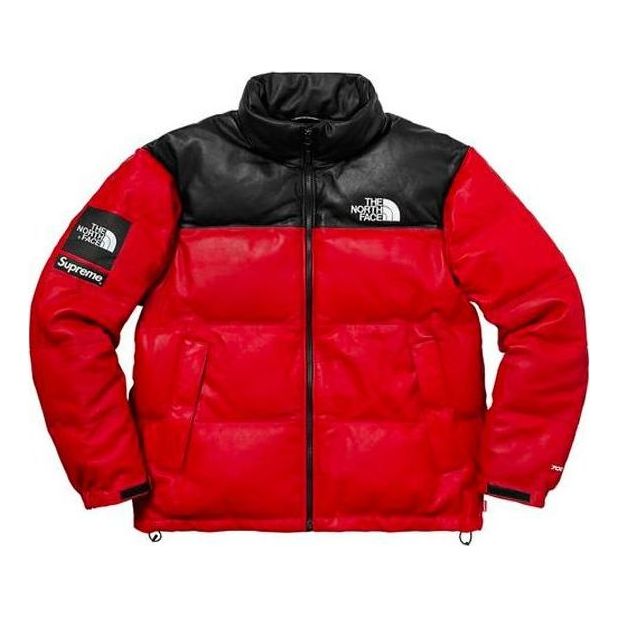 Puhovka Supreme FW17 x The North Face Leather Nuptse Jacket Rdeča | SUP-FW17-619