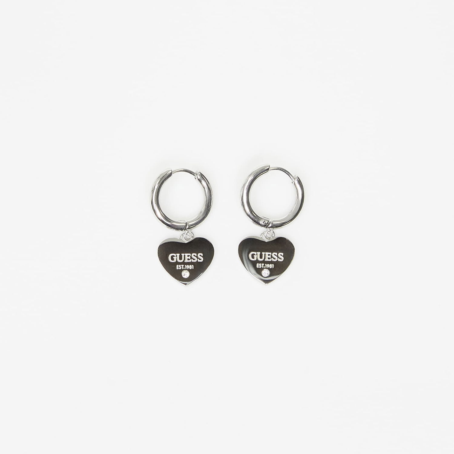 Uhani GUESS Huggie Earrings with Heart Charm EST.1981 and Crystal Kovinski | JUBE03145JWRH-SILVER, 0