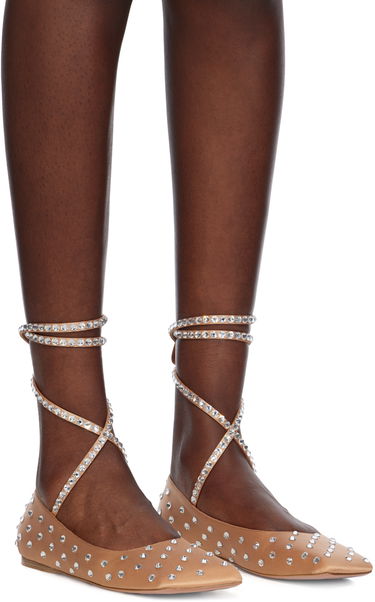 Obleke Amina Muaddi Amina Muaddi Ane Crystal Lace Up Ballerina Flats Bež | ANE CRYSTAL LACE UP FLAT SATIN, 3