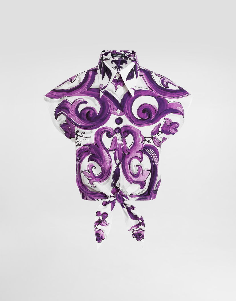 Krop-top Dolce & Gabbana Dolce & Gabbana Majolica-Print Tie-Front Poplin Crop Top Lila | F5T53THH5ENIP3TN