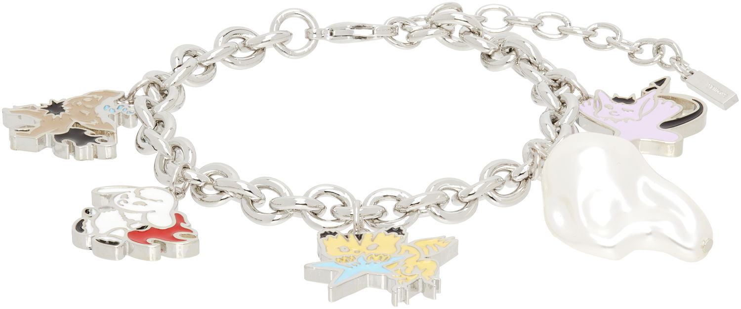 Zapestnica We11done We11done Silver-Tone Metal Monster Charms Bracelet with Faux Pearl Kovinski | WD-AJ2-25-525-U-SV, 0