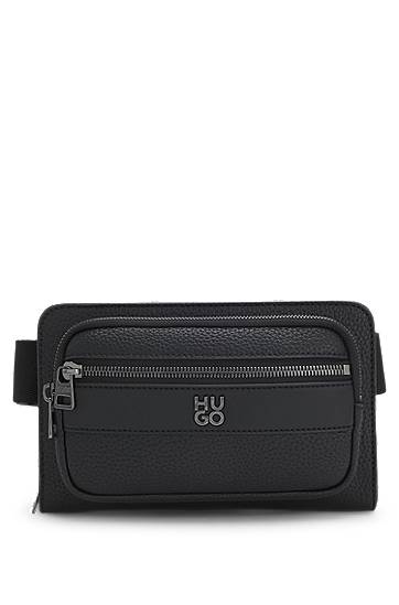 Torbice za okoli pasu BOSS Grained Faux-Leather Stacked-Logo Belt Bag Črna | 50552291