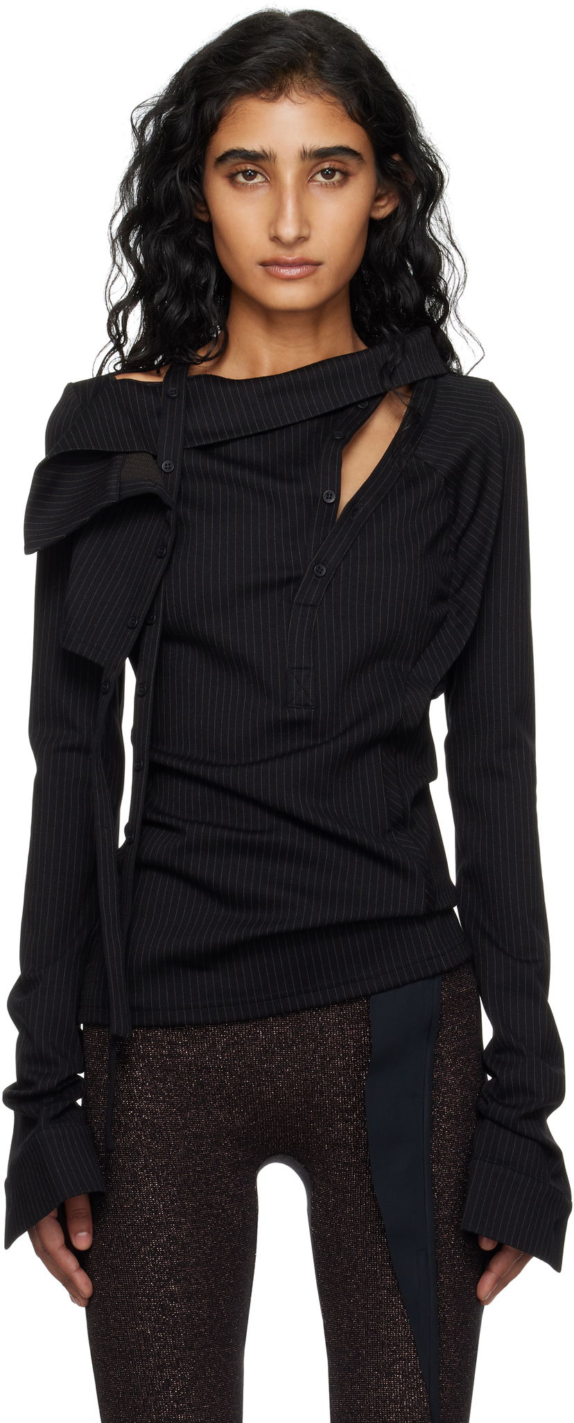 Srajce Ottolinger Ada Pinstripe Asymmetric Long Sleeve Blouse Črna | 102-105904-01
