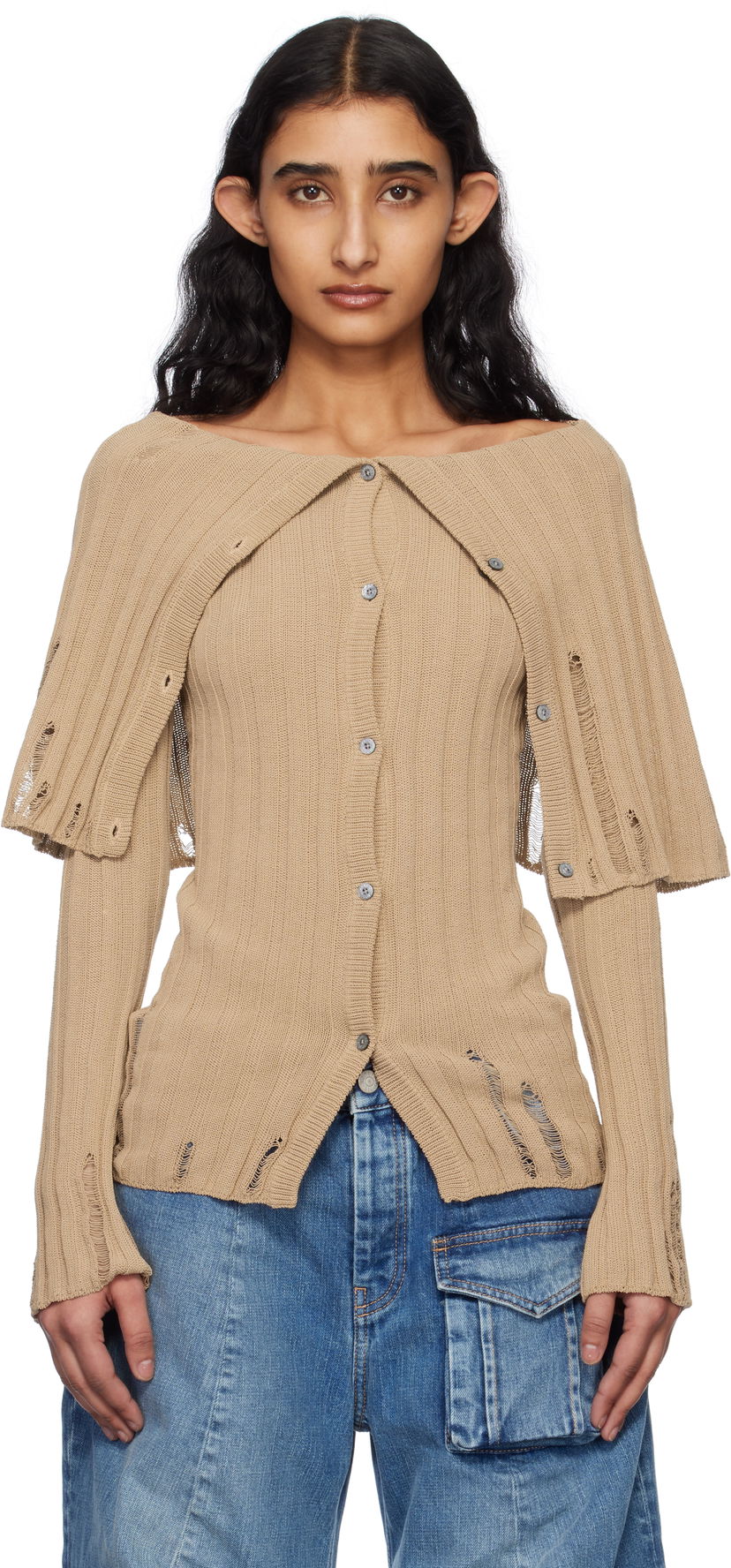 Pleteni pulover Acne Studios Acne Studios Rib-Knit Distressed Cardigan Rjava | A60567-