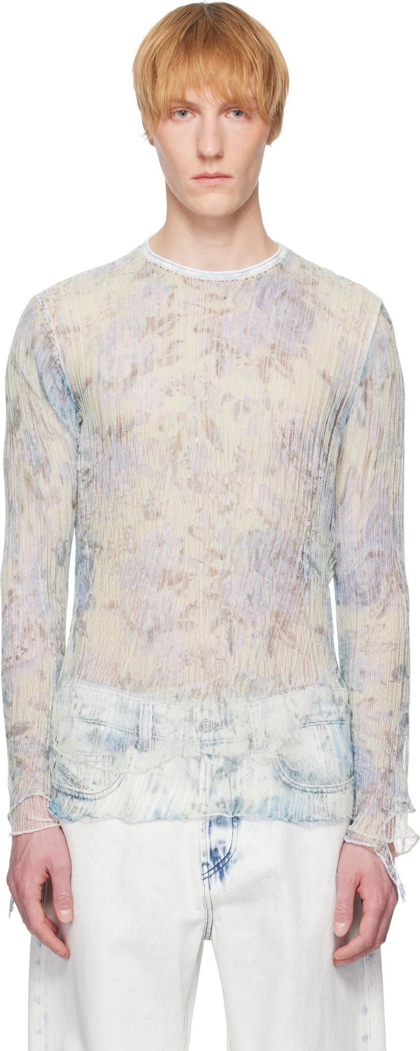 Pleteni pulover Diesel Diesel K-Aasmos-A Sheer Floral Long Sleeve Modra | A18017-0AFBT-8FG