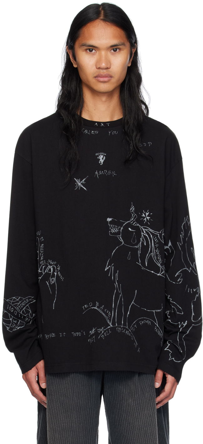 Pleteni pulover We11done We11done Graphic Long Sleeve T-Shirt Črna | WD-TT2-24-756-U-BK