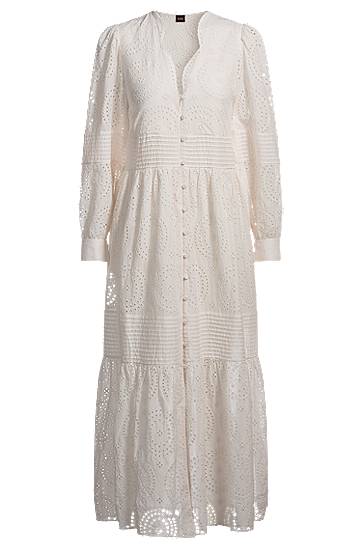 Obleke BOSS Cotton Broderie Pleated Dress Bela | 50538358