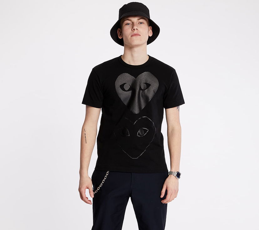 Majica Comme des Garçons Comme des Garçons PLAY Double Heart T-Shirt Črna | AX-T194 BLACK