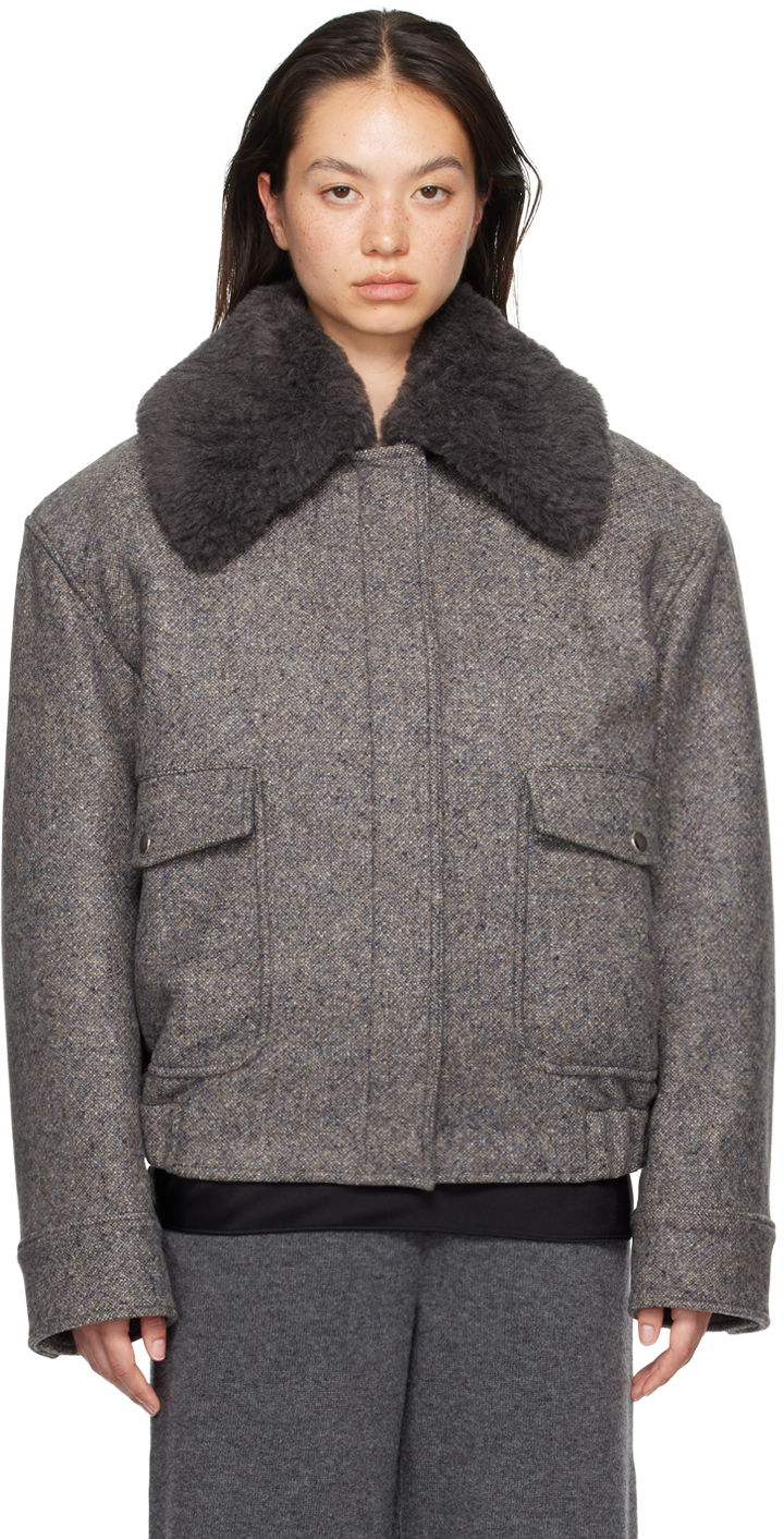 Bomber jakna Stella McCartney Wool Trimmed Jacket Siva | 6601003EJ670