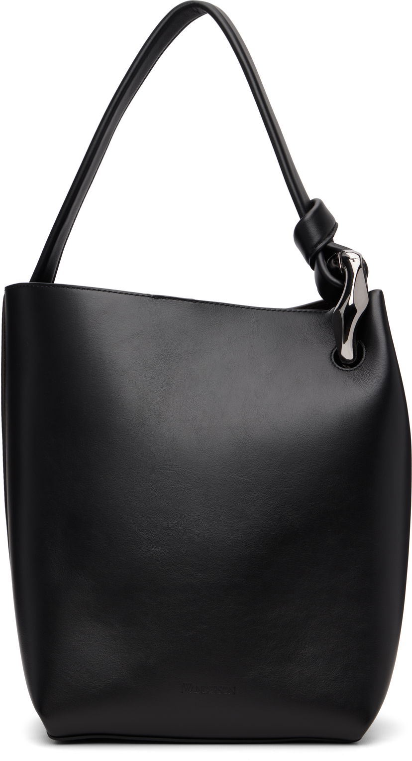 Torba za čez ramo JW Anderson Corner Bucket Leather Shoulder Bag with Knot Detail and Sculptural Hardware Črna | HB0738-LA0232