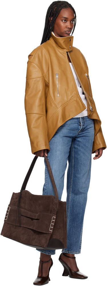 Jakna JW Anderson JW Anderson Curved Hem High Neck Leather Jacket Rjava | LJ0046-LT0117, 3