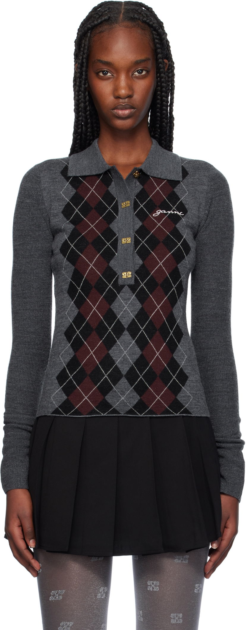 Polo majica GANNI Knitted Argyle Polo Top Siva | K2314
