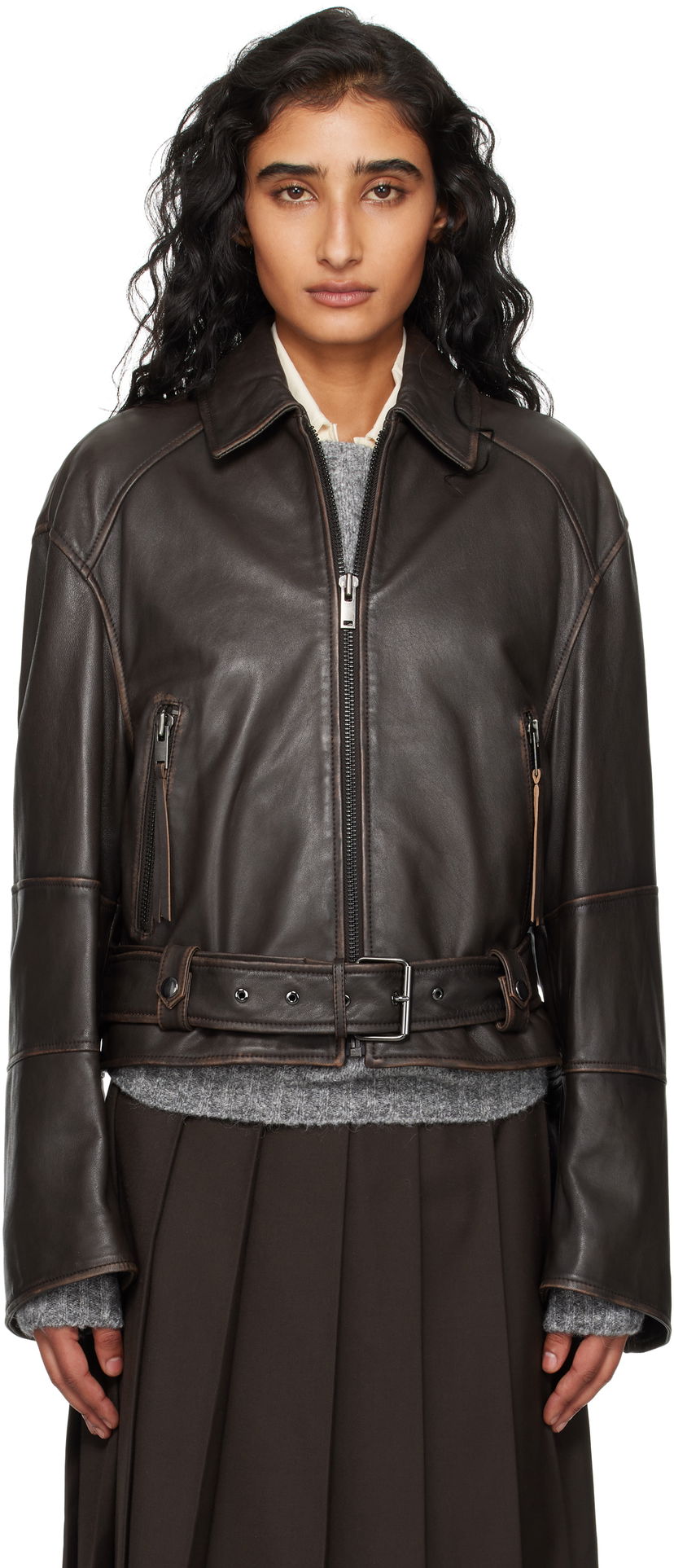 Jakna Max Mara Weekend Max Mara Egizio Leather Jacket Rjava | 2525446011600