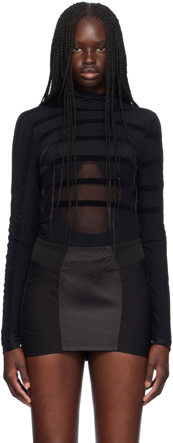 Majica Jean Paul Gaultier Jean Paul Gaultier Striped Flocked Semi-Sheer Turtleneck Bodysuit Črna | 24/30-F-BD048I-T004-0000, 0