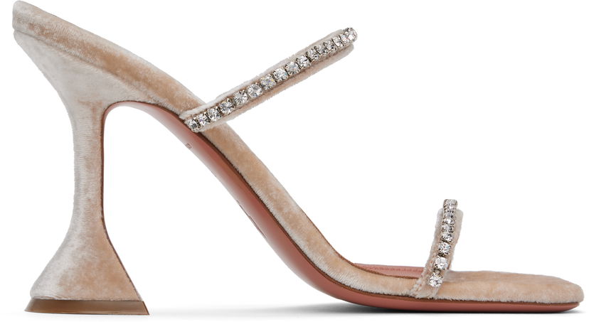 Modni dodatki Amina Muaddi Amina Muaddi Gilda Crystal-Embellished Velvet Heeled Sandals Bež | GILDA SLIPPER VELVET