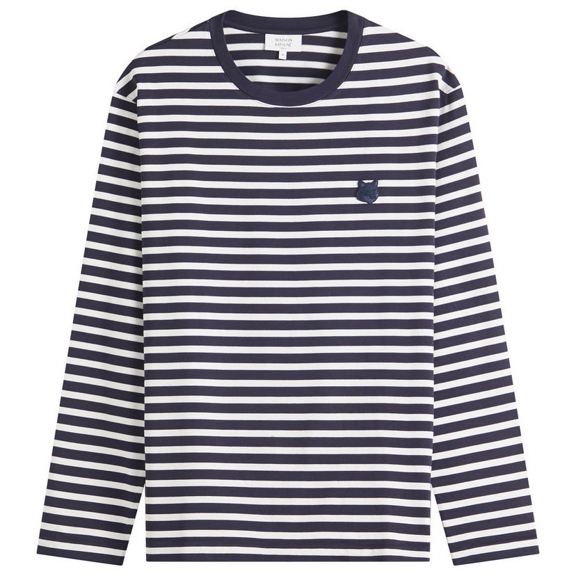 Majica MAISON KITSUNÉ Maison Kitsuné Fox Head Patch Mariner Striped Long Sleeve T-Shirt Mornarica | OM00125KJ0044-S481