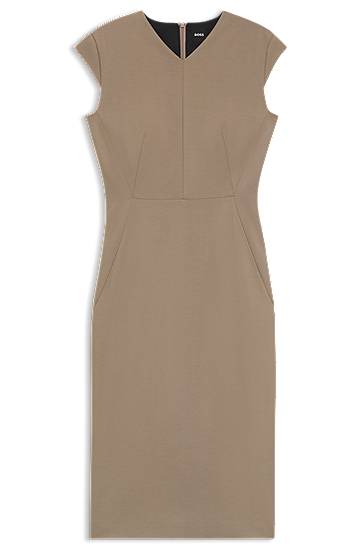 Obleke BOSS Cap-Sleeve Stretch Dress Bež | 50541987
