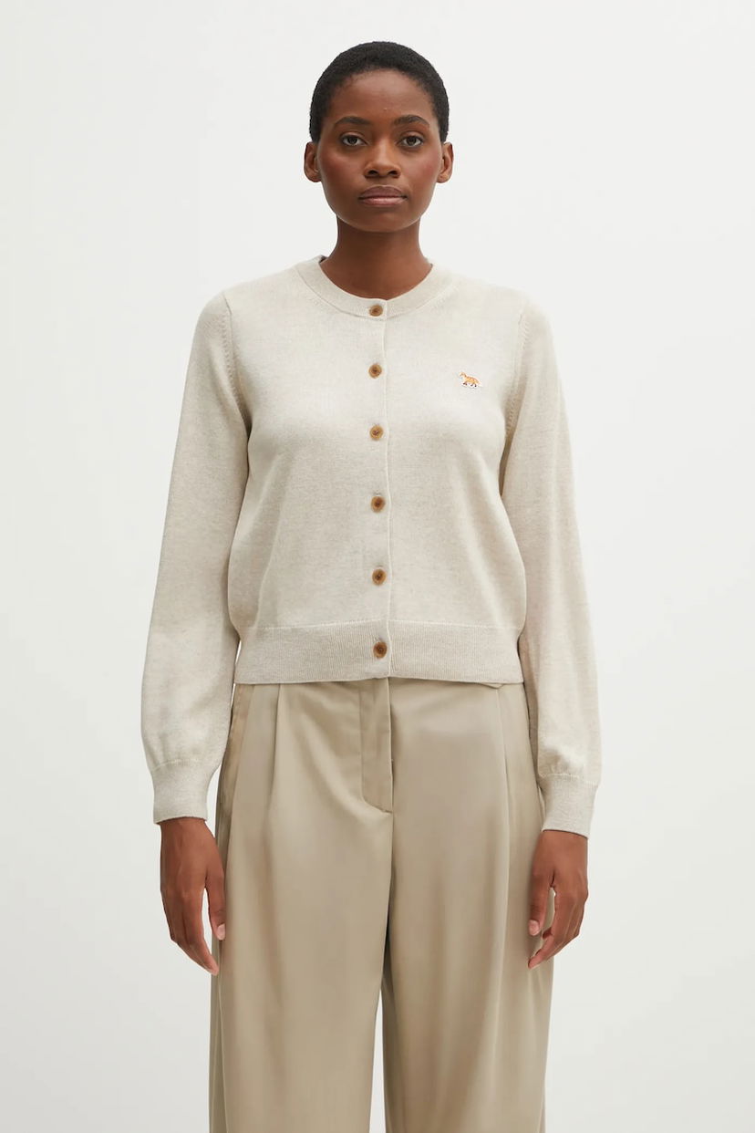 Pleteni pulover MAISON KITSUNÉ Baby Fox Merino Regular Cardigan Bež | PW00502KT1181