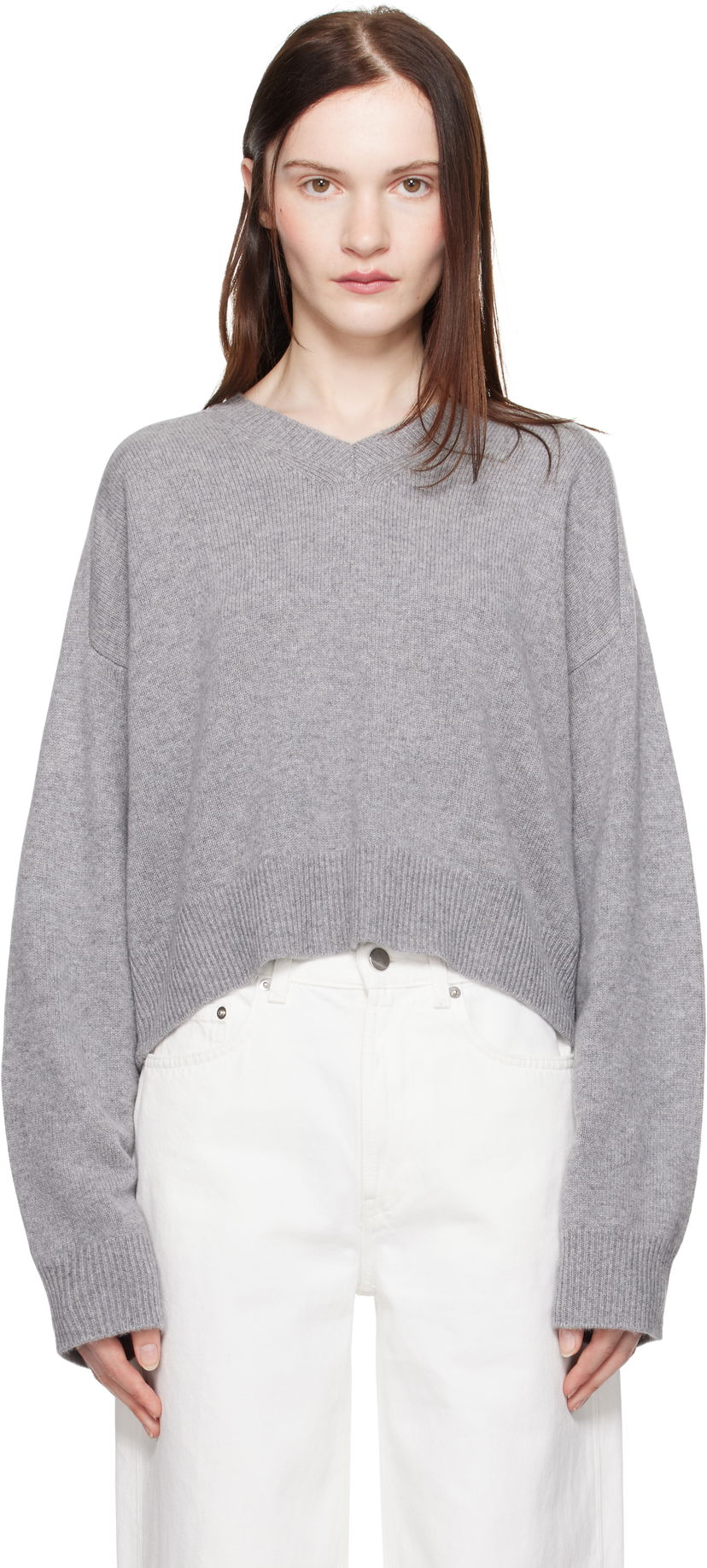 Pleteni pulover Loulou de Saison Loulou de Saison Anzor Cropped V-Neck Sweater Siva | ANZOR