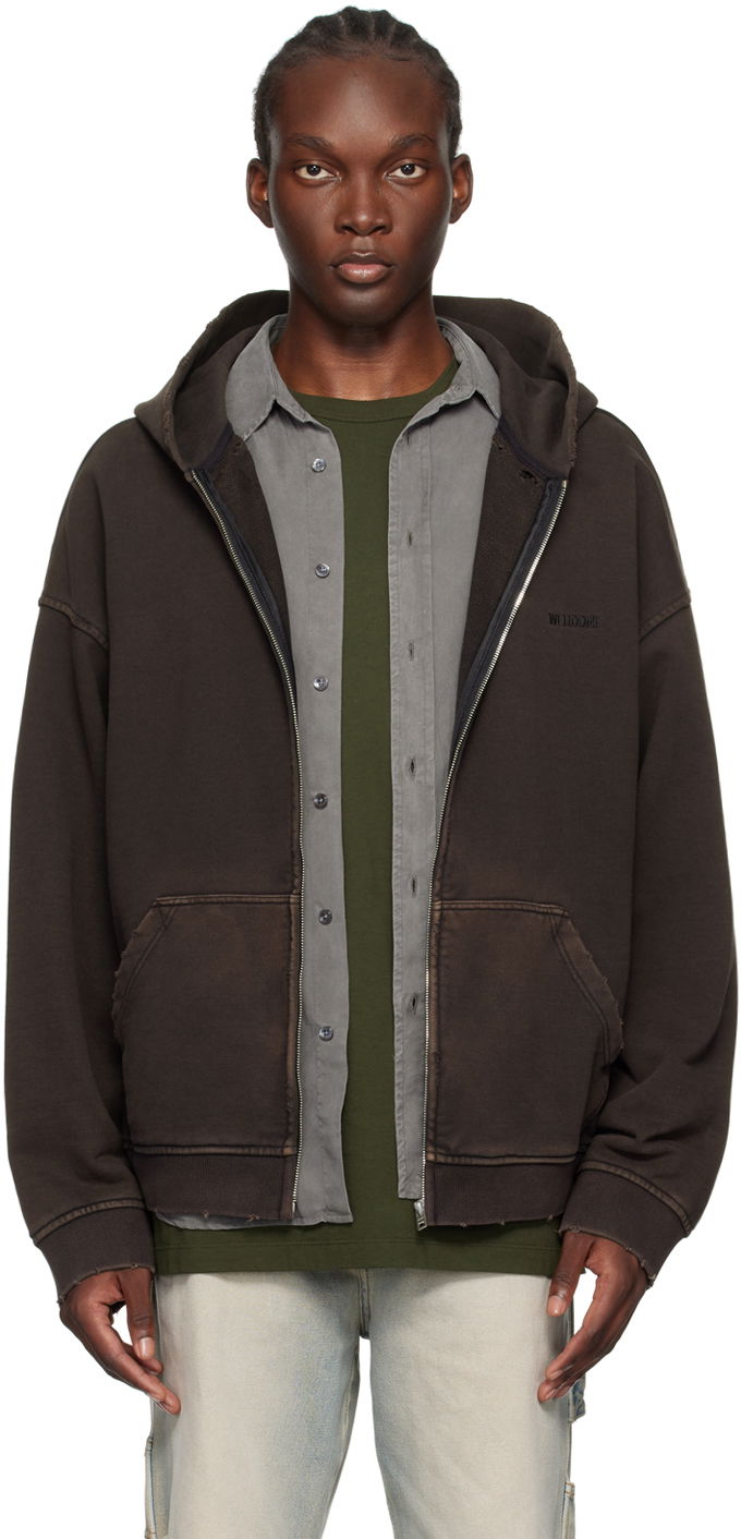 Pulover We11done Distressed Zip-Up Hoodie Rjava | WD-TJ2-24-846-U-BK