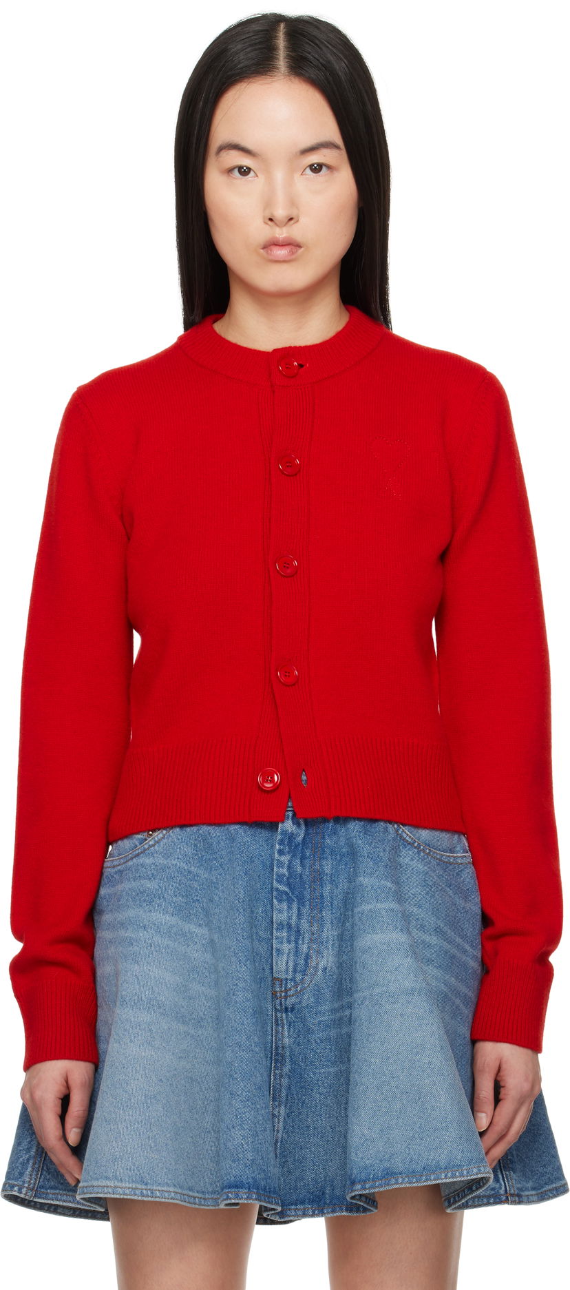 Pleteni pulover AMI AMI Paris Ami de Coeur Crewneck Wool Cardigan Rdeča | FKC171.KN0071