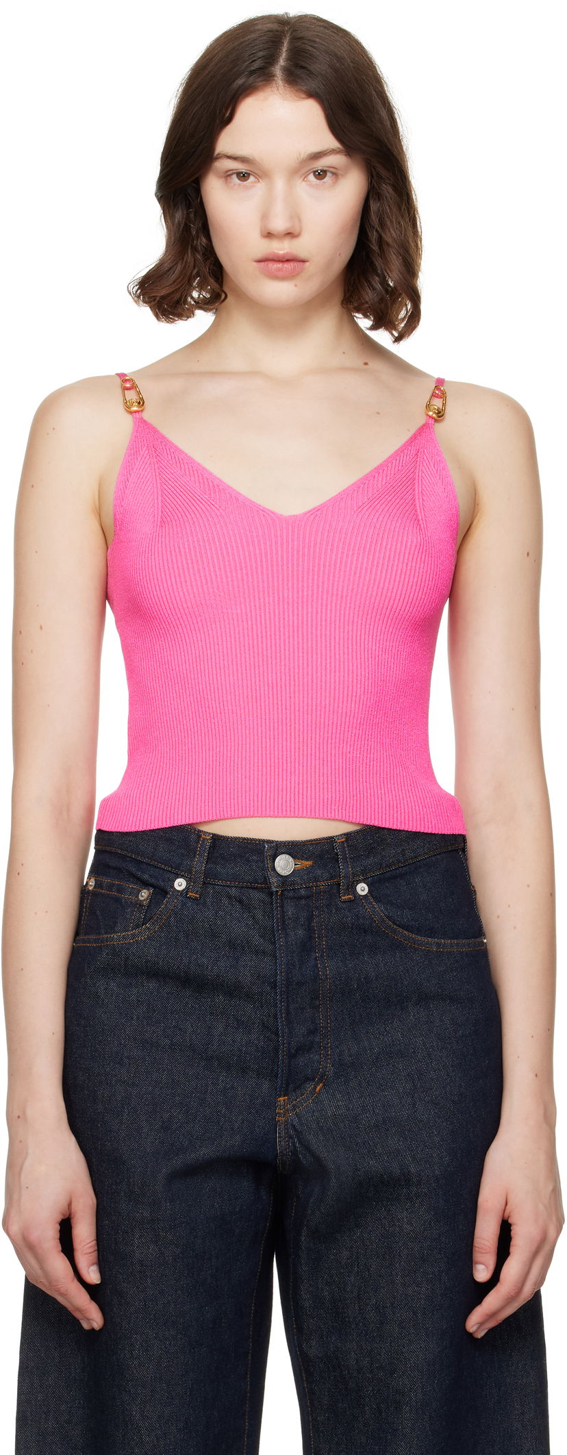 Majica brez rokavov Versace Versace Safety Pin Knit Crop Camisole Roza | 1017770_1A12699