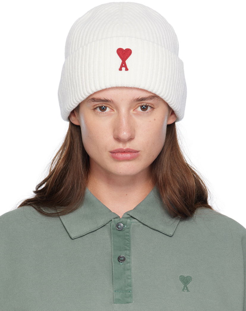 Beanie AMI Paris Off-White Red de Cœur Beanie Bela | UHA116.018
