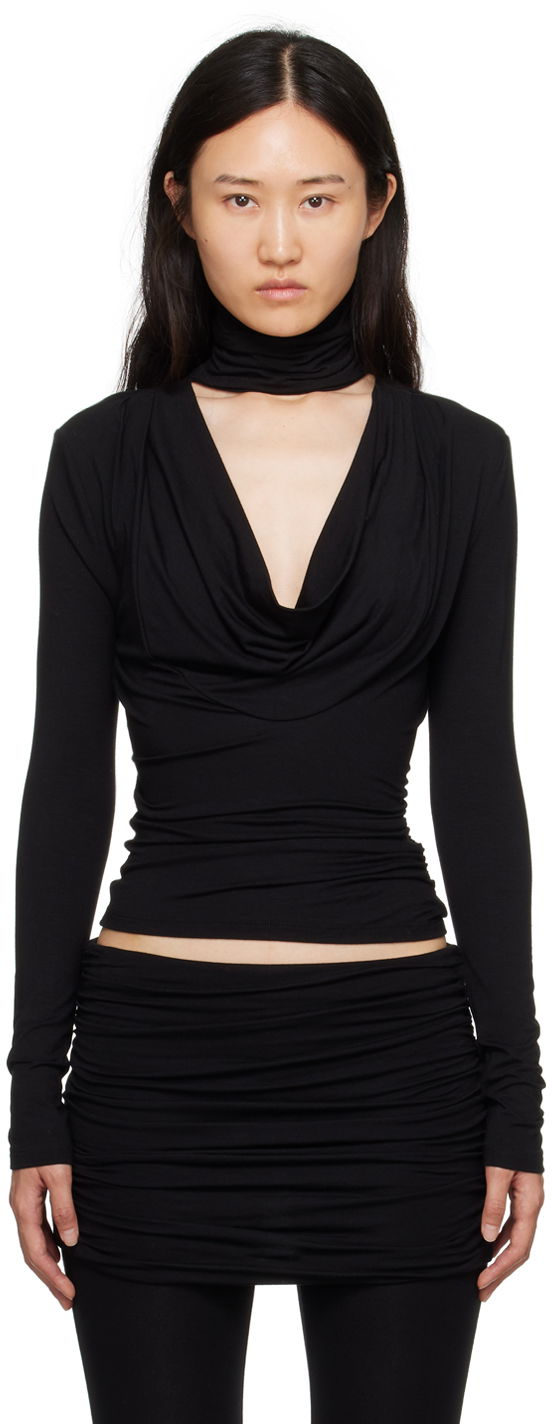 Majica brez rokavov Blumarine Blumarine Cutout Mock Neck Long Sleeve Draped Top Črna | A344C031A