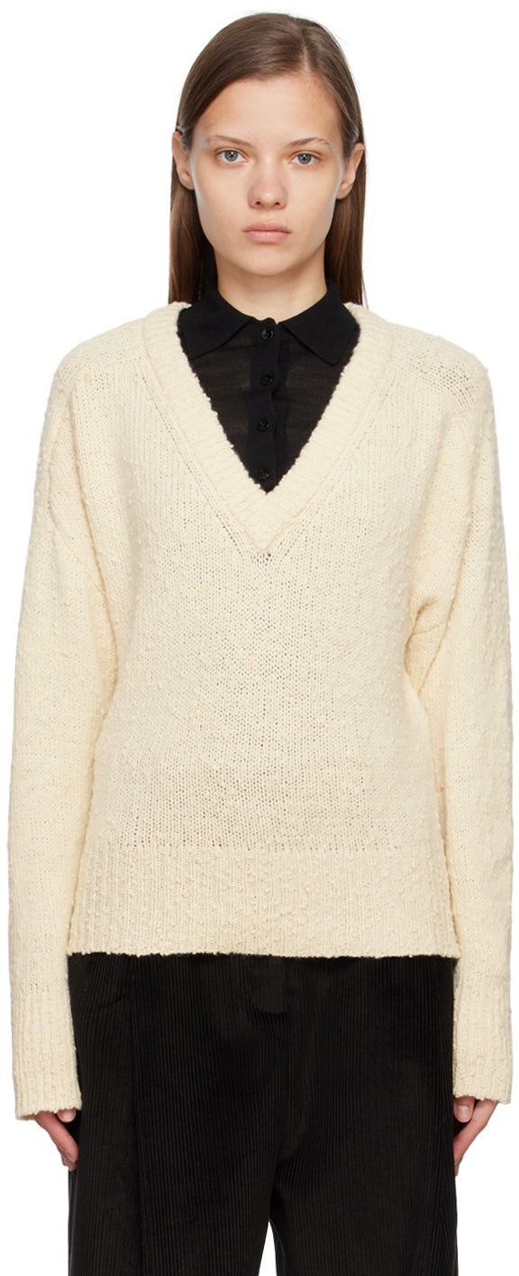 Pleteni pulover TOTEME Textured Knit V-Neck Sweater Bela | 224-5106-324